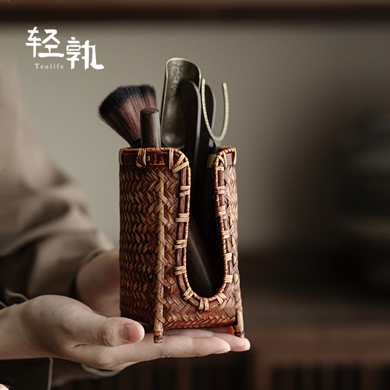 轻孰竹编君子筒茶道六君子套装中式功夫茶杯收纳层架杯篓茶具零配