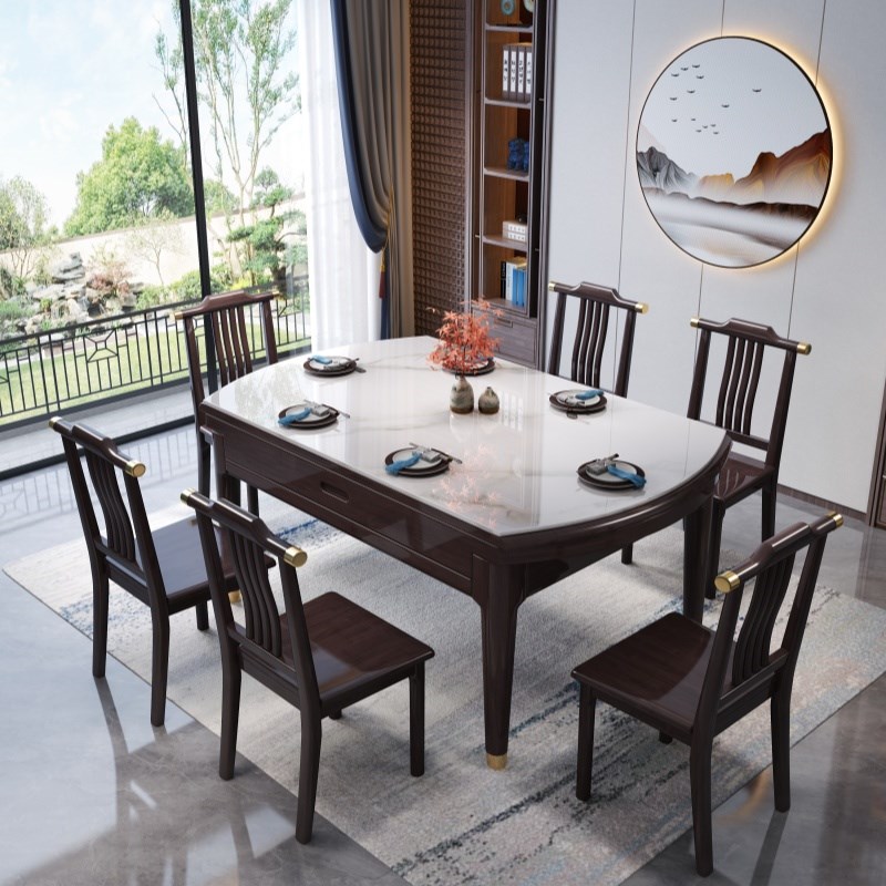 意式岩板实木转盘餐桌家用小户型伸缩可折叠方圆两用圆.桌金属桌