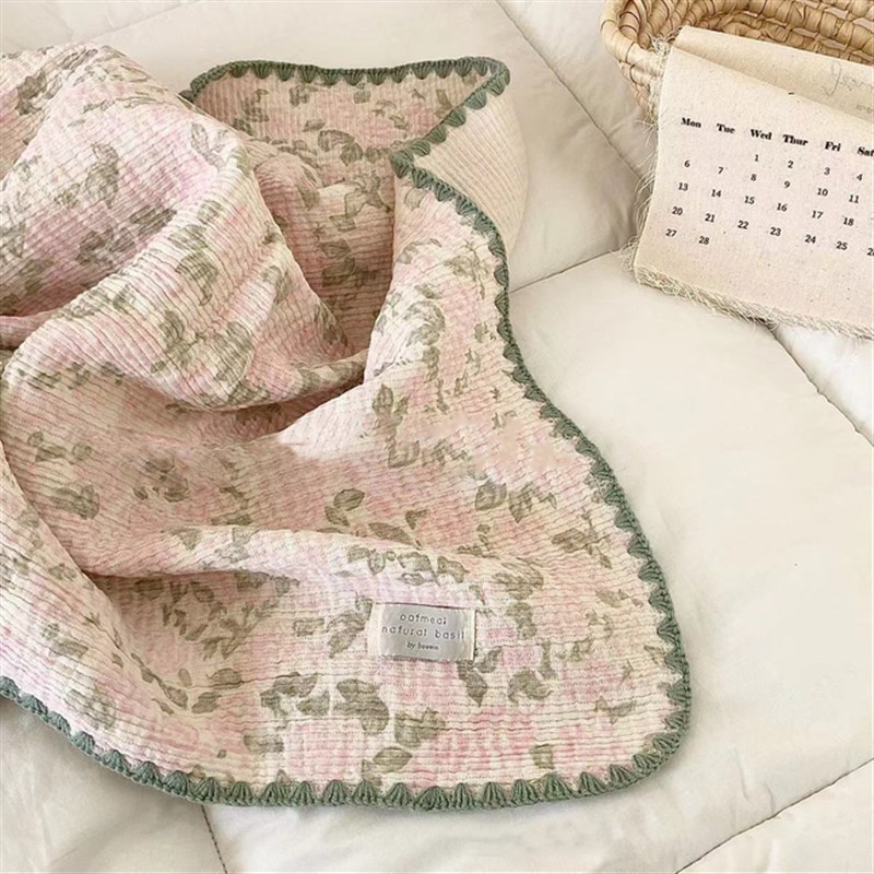 ins皱皱纱布毯三n层纱木槿盖毯柔软婴幼儿小碎花推车毯午休毯