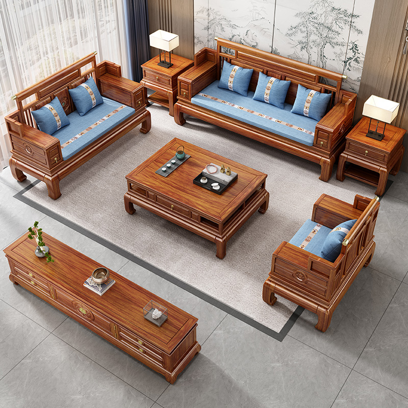 新中式金花梨木全实木整装榫卯冬夏两用沙发客厅菠萝格仿古红家具