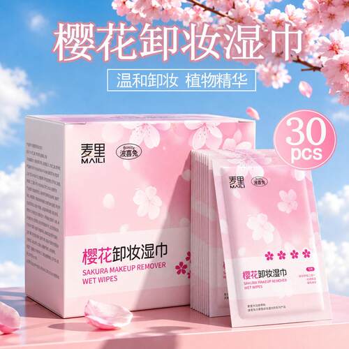 樱花卸妆湿纸巾温和植物精华30片装可携式卸妆纸巾一次性可携式独