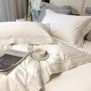 欧式 纯轻奢1棉20长绒四件套全棉棉NST刺色绣纯白酒店床单床上用品