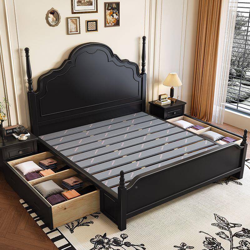 中古风实木床复古.主卧15米储物YPE人单床18米轻奢黑色.双人大婚