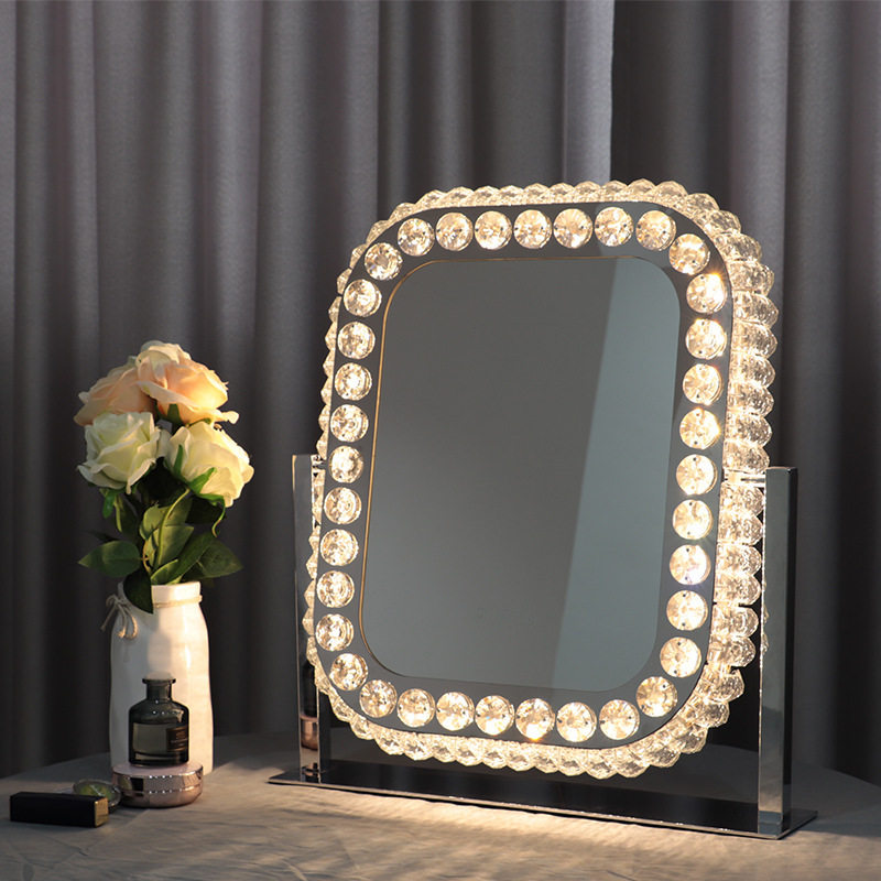中东方形大号水晶化妆镜卧室梳妆台LED灯镜子 网红轻奢补光梳妆镜
