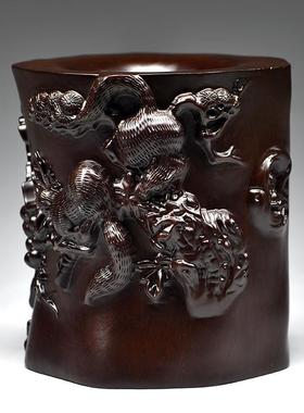 黑鼠木雕刻GG01562老笔筒创意工檀艺品书新房办公室书桌画室中式