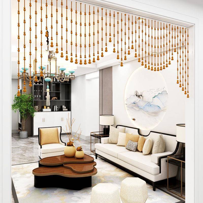 桃木幔造型珠帘实木帷客厅阳台隔断成子孔品珠帘门帘免打AMC安装