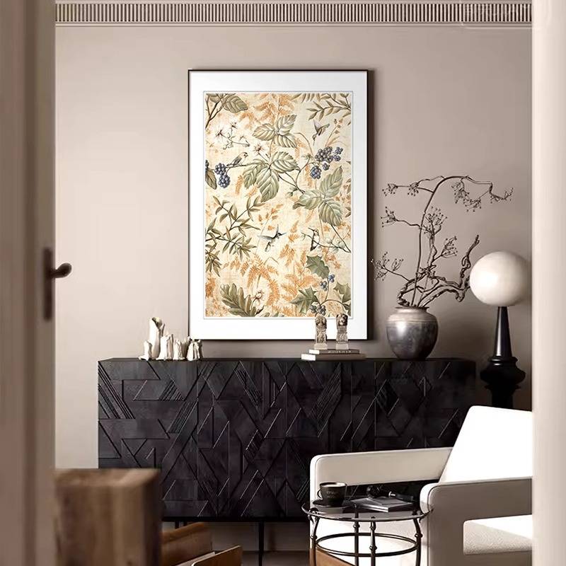 中古风玄关挂画复古花鸟入户正对门壁画新中式艺术走廊过道装饰画图片
