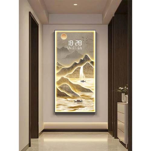 流d水过JMB生财玄新关装饰画le灯画中式道走廊挂画万年历时钟表挂