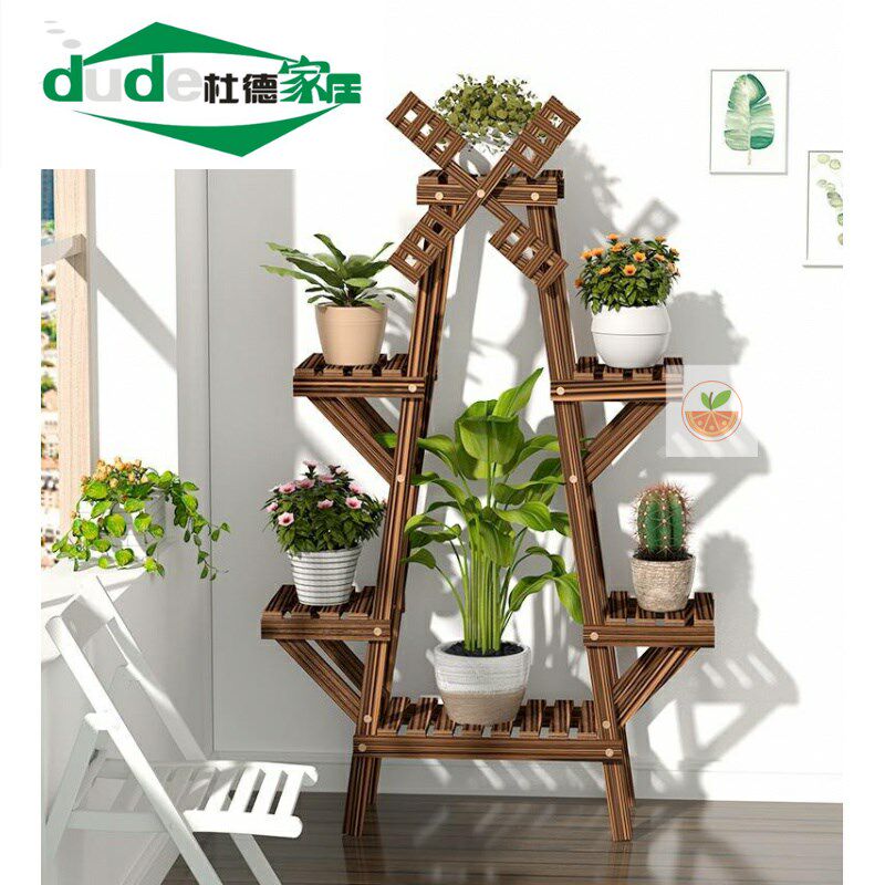 凉台摆花的架子松木盆栽架省空间风车办公室落地式养花花架子多层