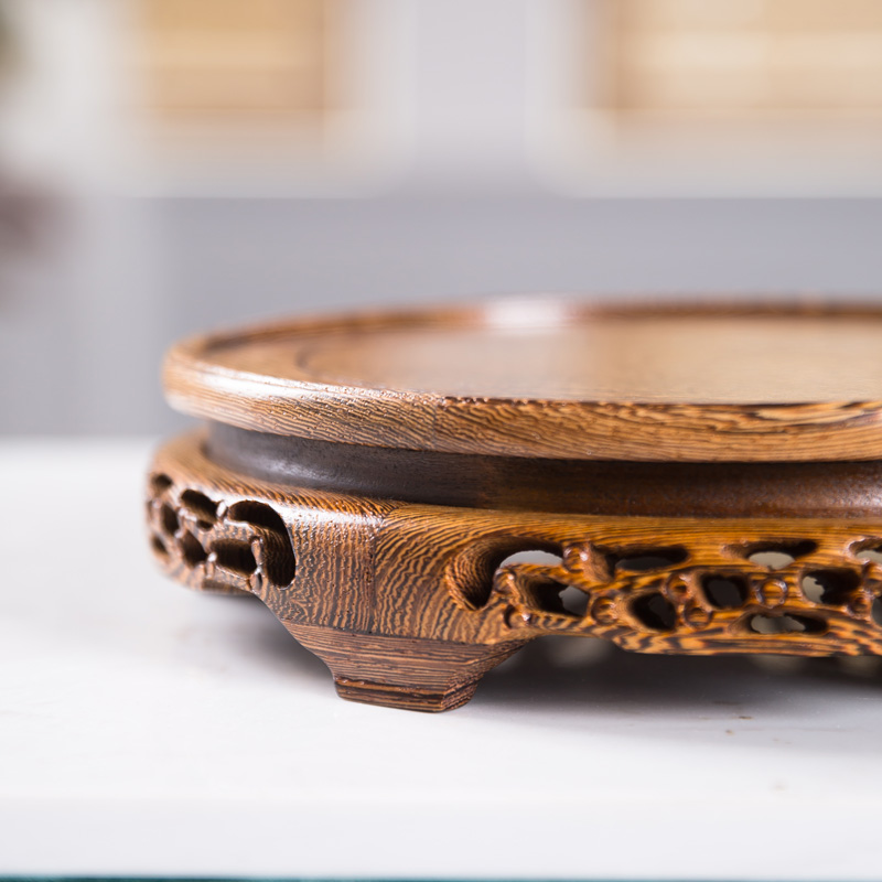 鸡翅木实木圆形雕花红木底座茶叶缸茶壶葫芦金蟾酒坛花瓶盆木托架