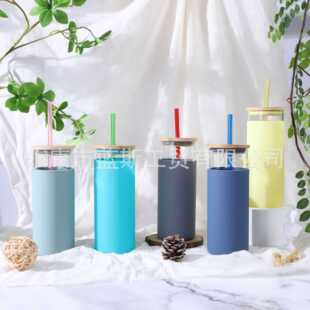 供应新款高硼硅玻璃水杯防烫防滑硅胶套吸管竹盖玻璃杯子