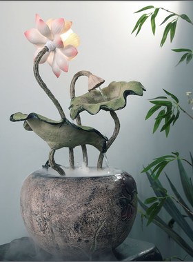 新中式客厅桌面荷花流水喷泉摆件书房卧室小摆设开业和气生财水景