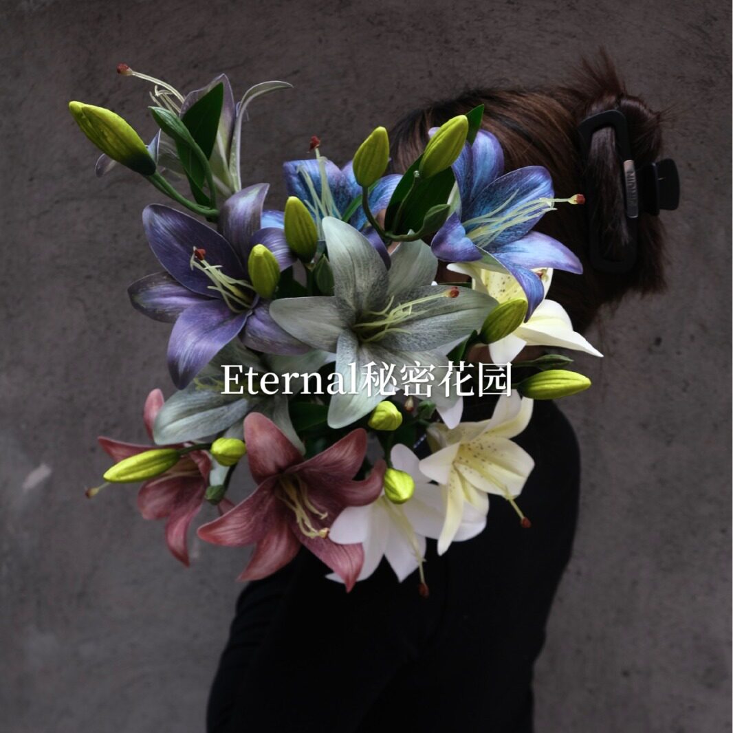 新仿真花双头3D百合单支油画百合花苞胶片蓝紫薄荷绿婚庆跨境批发