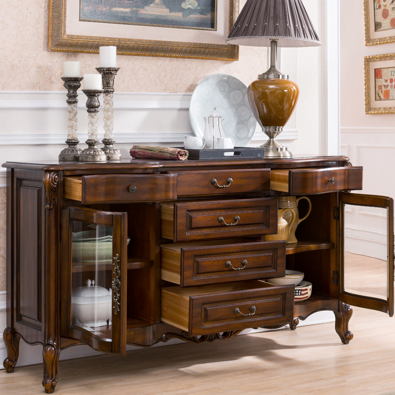 美式全实木餐边柜玻璃门双门碗柜欧式餐厅边柜1.6m茶水柜子纯实木