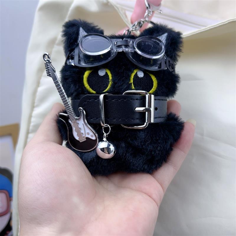 大眼黑猫挂件朋克风小黑猫毛绒钥匙扣包包挂件摇滚小猫节日小礼物