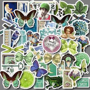 60张波尔多绿色系贴纸卡通手机壳笔记本diy装饰防水手账贴画素材