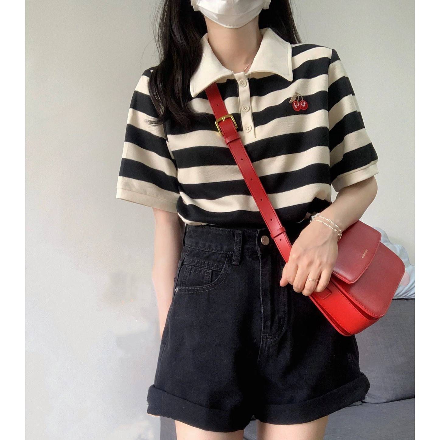 黑白条纹短袖polo衫短袖T恤女夏季大码胖mm设计感正肩上衣两件套