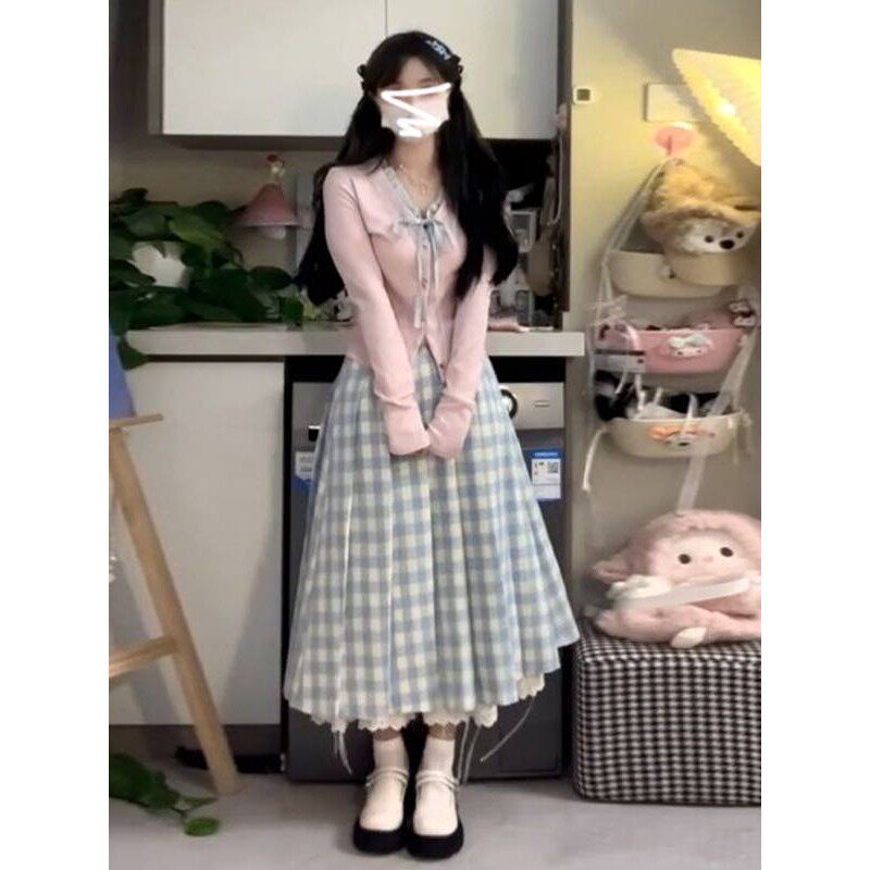 粉色假两件长袖开衫长裙女春秋学院miu系格纹百褶半身裙两件套装