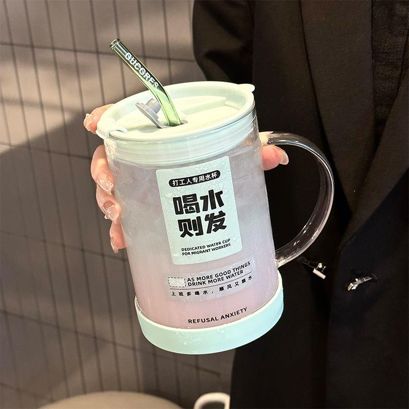 1000ML玻璃杯大容量吸管水杯办公室杯子ins夏季带盖高颜值喝水杯