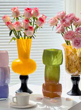 设计感水养鲜花几何绿色花器中古琉璃方口花瓶摆件一件代发