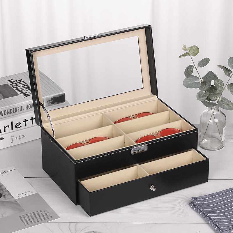 现货 双层皮质抽屉太阳墨镜盒12格家用防尘木质眼镜收纳展示盒