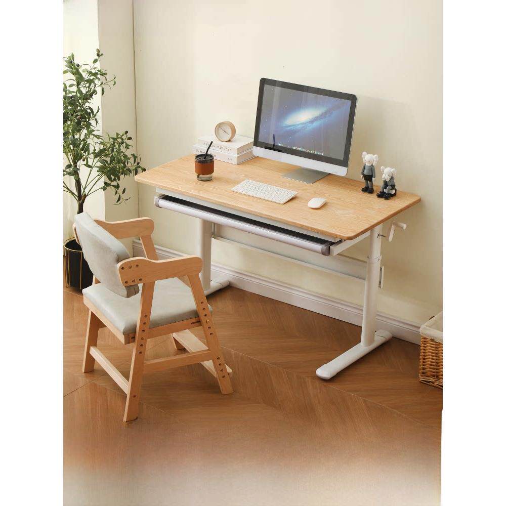 实木家用电脑桌电动手摇可升降橡木胡桃色学习桌现代简约书桌