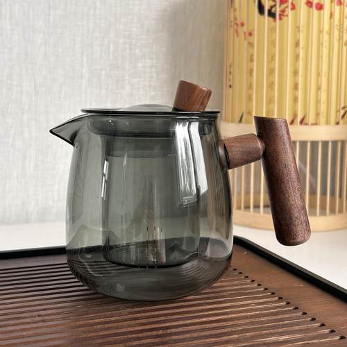 玻璃泡茶壶茶水分离杯家用茶具套装耐高温泡茶器煮茶壶木侧把茶壶