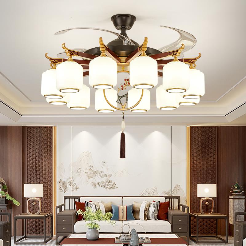 新中式实木风扇灯客厅餐厅卧室隐形风扇灯现代中式大气别墅风扇灯