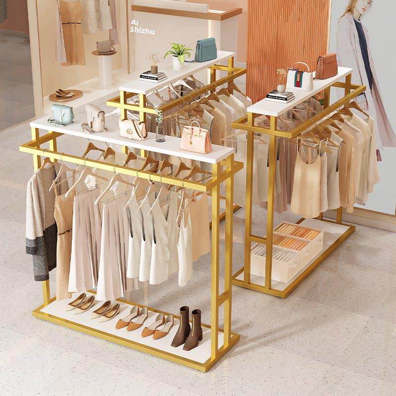 服装店落地展示架男女装童装中岛架双排中间货架简约双杠侧挂衣架