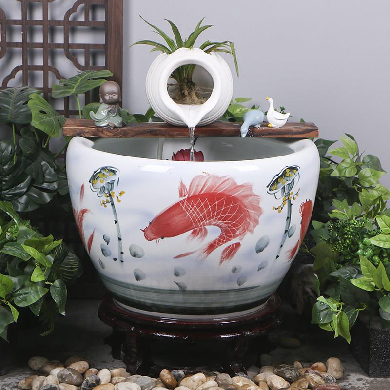 生态鱼缸陶瓷罐开 口循环流水配件庭院花园造景装饰品增氧过滤摆