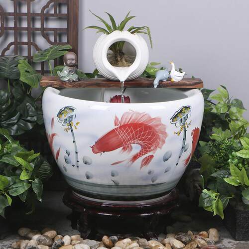 生态鱼缸陶瓷罐开 口循环流水配件庭院花园造景装饰品增氧过滤摆