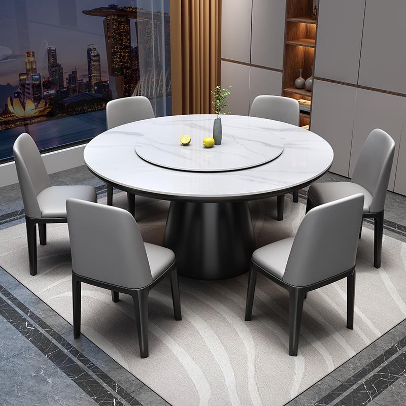 岩板餐桌椅组合现代简约轻奢实木圆桌带转盘家用圆形小户型圆饭桌