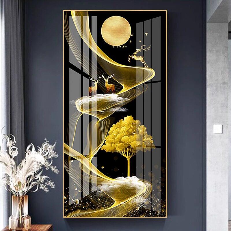 轻奢入户玄关麋鹿镶钻晶瓷画竖版装饰画走廊过道壁画简约现代挂画