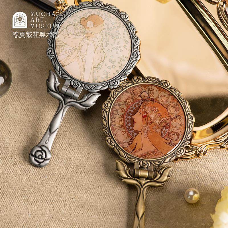 穆夏繁花文创复古折叠化妆镜子便携随身镜手持镜朋友生日礼物