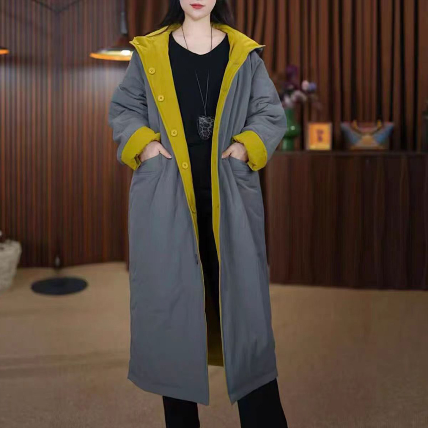 两面穿连帽棉服女冬季新款中长款宽松加厚保暖外套