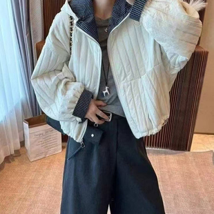 白色格纹拼接棉服女短款连帽宽松显瘦百搭薄款棉袄外套