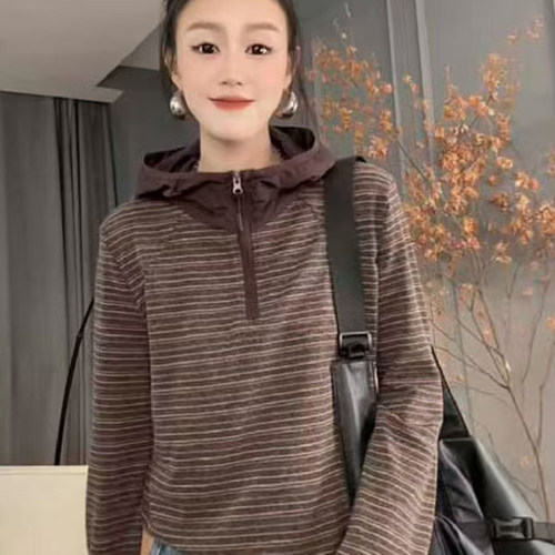 2026新款条纹连帽拉链卫衣女