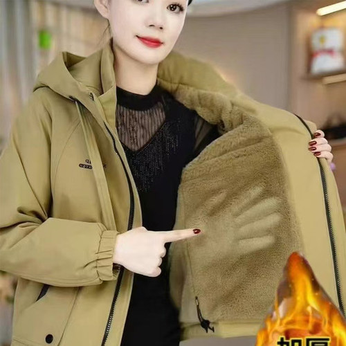 2025新款女士连帽加绒加厚棉服女