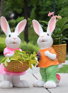 户外卡通兔子摆件仿真动物雕塑幼儿园林装饰庭院创意树脂花盆摆设