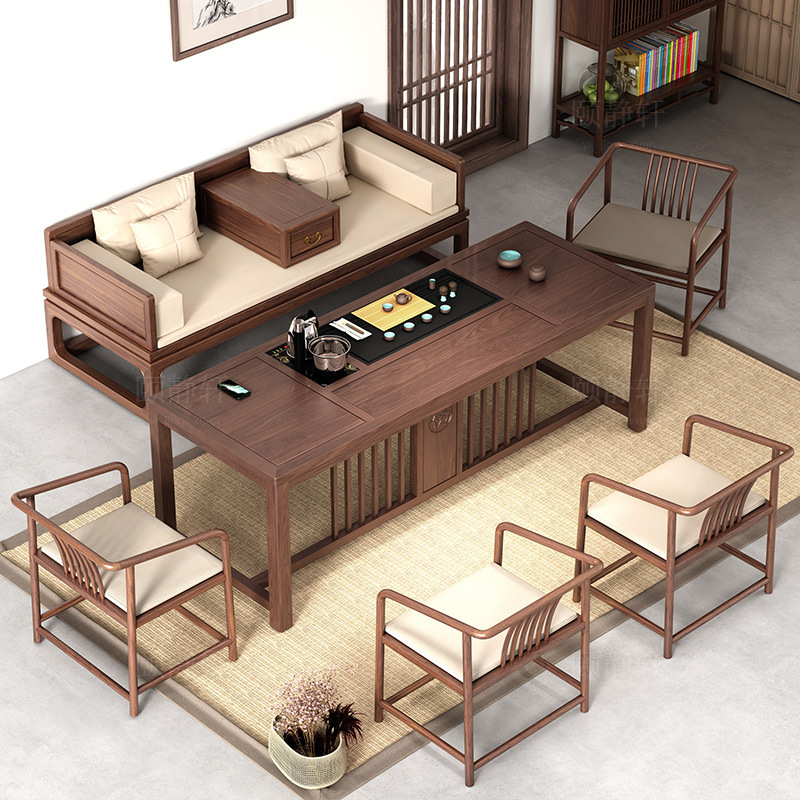 新中式实木茶桌椅组合黑胡桃禅意功夫茶台简约办公茶艺桌榆木茶几