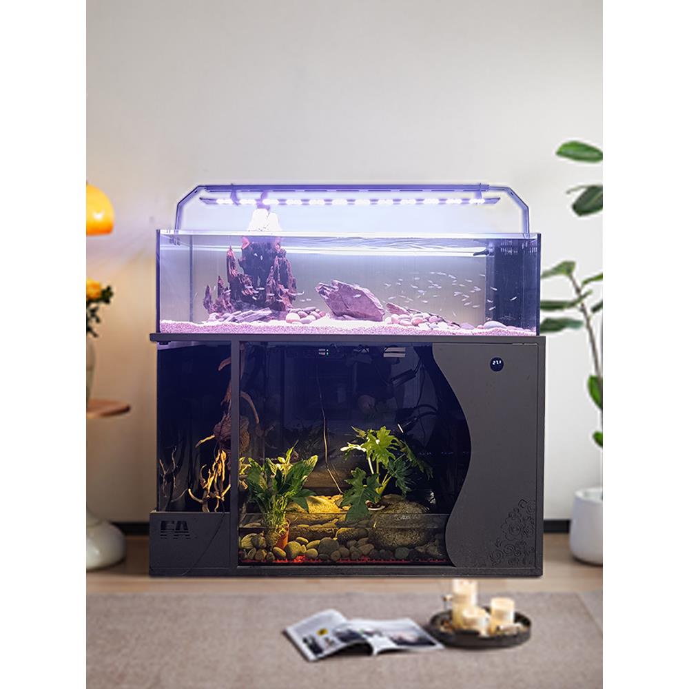 客厅中大型乌龟金鱼一体混养水陆两栖溪流缸底滤免换水造景生态缸