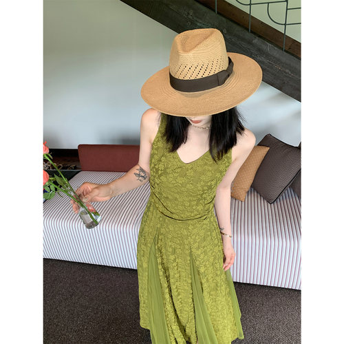 PRASE吕噜噜【浪漫笔记】夏季显瘦气质收腰提花拼接网纱连衣裙女