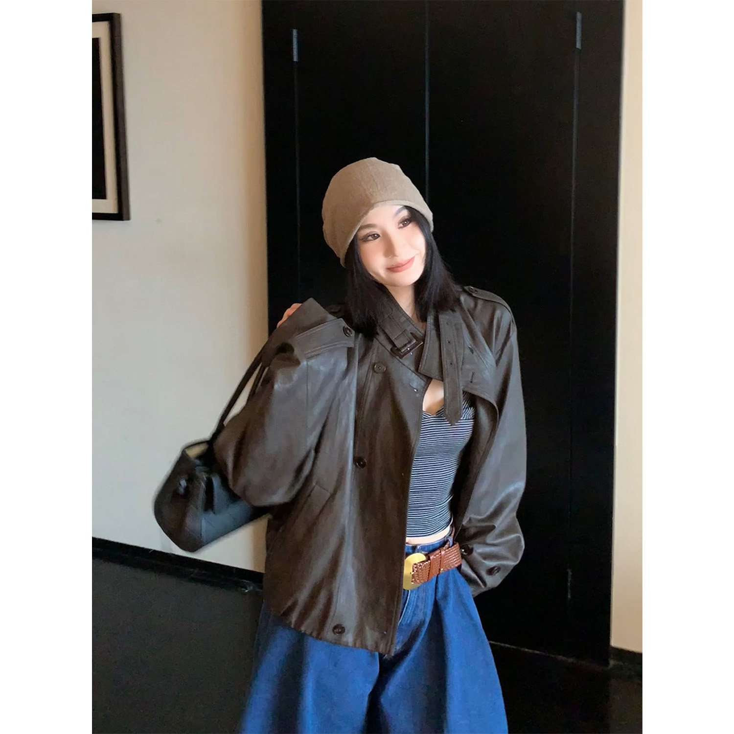 PRASE吕噜噜【酷感定格】显瘦气质复古短款立领百搭皮衣女外套秋