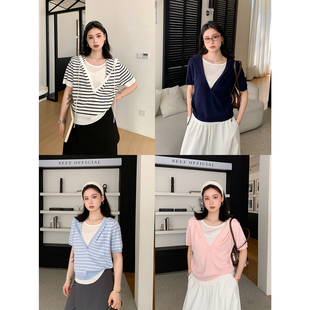 PRASE吕噜噜【糖水日记】夏季微胖显瘦假两件条纹连帽针织衫外套