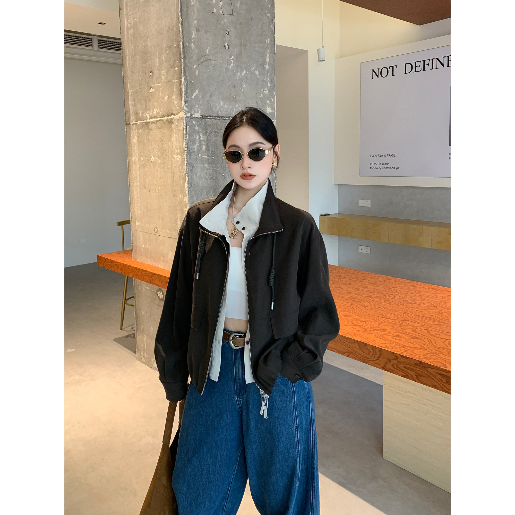 PRASE吕噜噜【复古画报】显瘦假俩件拼色夹克女秋时尚宽松短外套