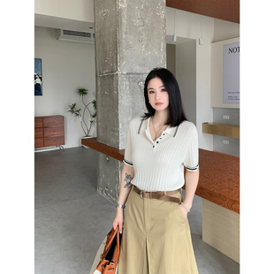 PRASE吕噜噜【新派学院】夏季微胖显瘦短袖时尚简约撞色毛织T恤女