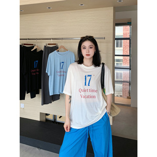 PRASE吕噜噜【静谧假日】夏季微胖显瘦天丝羊毛短袖简约印花T恤女