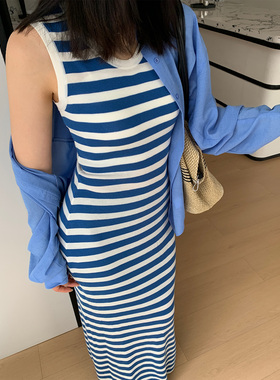 PRASE吕噜噜 【慵懒裙】100莱赛尔夏季显瘦条纹针织背心连衣裙女