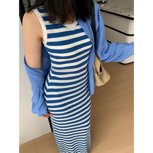 PRASE吕噜噜 【慵懒裙】100莱赛尔夏季显瘦条纹针织背心连衣裙女