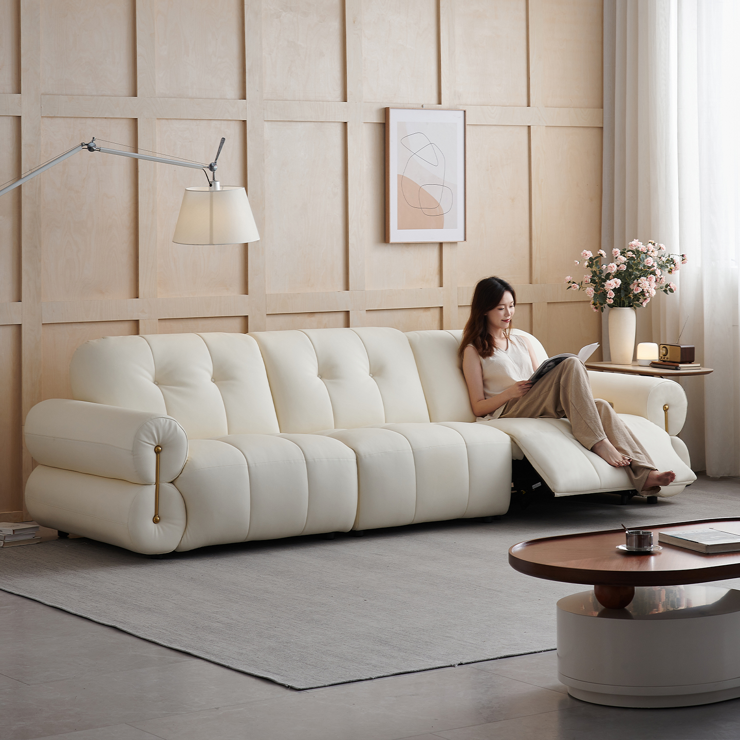 欧派法式奶油风棉花糖真皮沙发直排客厅钢琴键奶糖云朵沙发